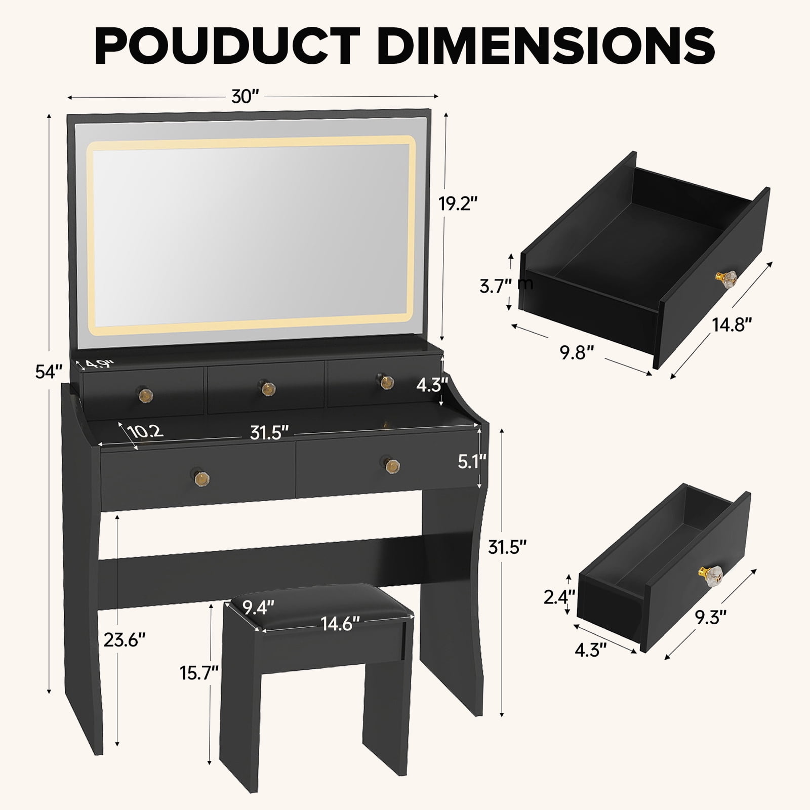 LUCKLIFE Black Vanity Desk with Mirror and Lights, 5 Drawers & Charging Station, Vanity Table and Chair Set