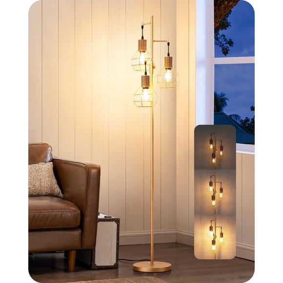EDISHINE Lampe sur Pied de Style Ferme à Intensité Réglable pour Salon, Lampe sur Pied Industrielle avec 3 Ampoules Edison DEL, Lampe de Lecture d'Angle en Rotin Rustique avec Grand Arbre