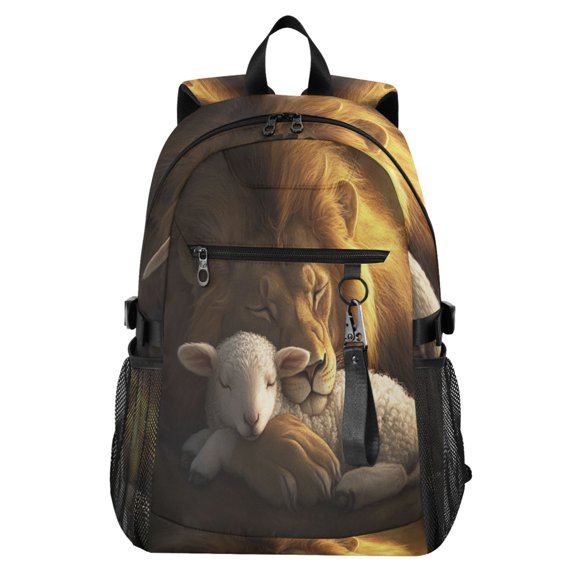 Full‑Print Casual Laptop Backpack, 20L Water‑Resistant Twill Tote Daypack with 14 Inch Computer Compartment for School Business Travel Lion Sheep