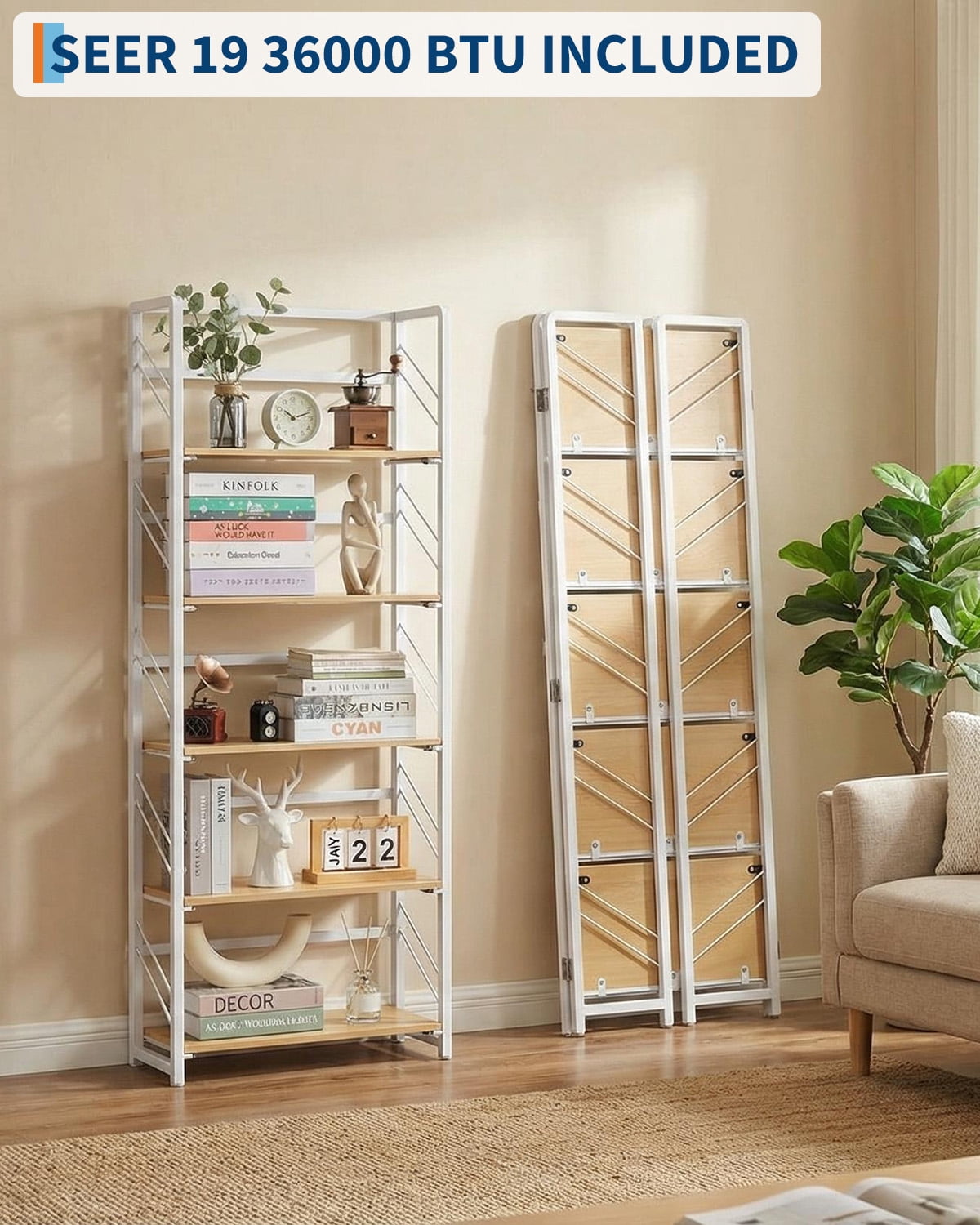 No-Assembly Bookcase,5-Tier Folding Bookshelf, Vintage Storage Shelves,Standing Racks Display Organizer for Home,Office