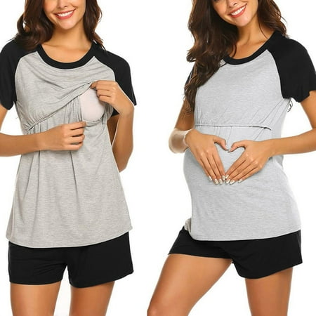 

NIUREDLTD Women Maternity Short Sleeve Nursing Baby T Shirt Tops And Pants Breastfeeding Sleepwear Pajamas Set