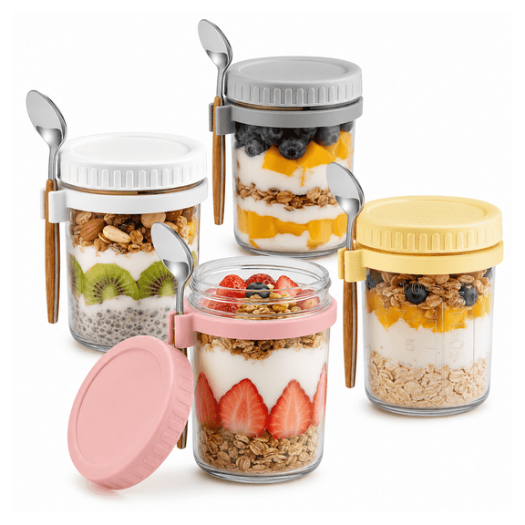 4 Pack 12 Oz Glass Overnight Oats Containers with Lids and Spoons, Leak-Proof Mason Jars for Meal Prep, Yogurt, Salad & Cereal