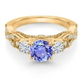 thumbnail image 2 of Gem Stone King 18K Yellow Gold Plated Silver Blue Tanzanite and White Moissanite Engagement Ring for Women (1.37 Cttw, Gemstone December Birthstone, Round 6MM and 3MM, Size 7), 2 of 4