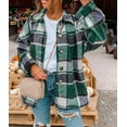 thumbnail image 3 of Women's Green Plaid Print Buttoned Shirt Jacket, 3 of 15