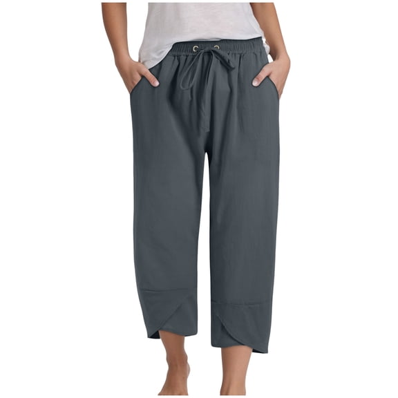 felwors Summer Pants for Women Casual Pockets Cotton Linen Wide Leg Drawstring Elastic Waist Capris Crop Pants (Dark Gray, XXL)