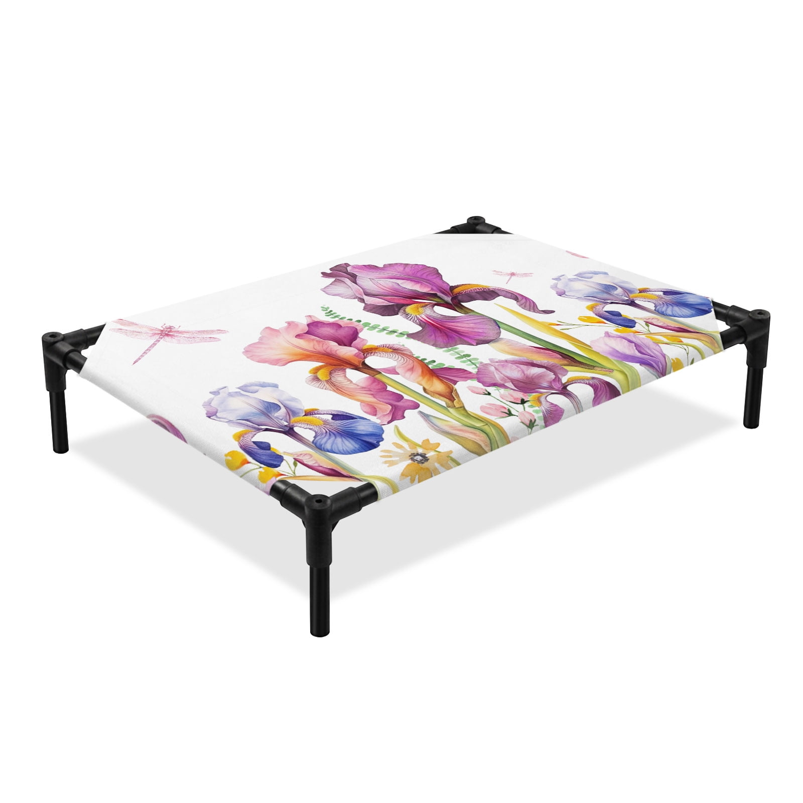 Easter Purple Elevated Dog Bed Irises Dragonfly Summer Floral Cooling Breathable Outdoor Raised Dog Cot Bed with Metal Frame Non-Slip Feet for Medium Dog 24x20in