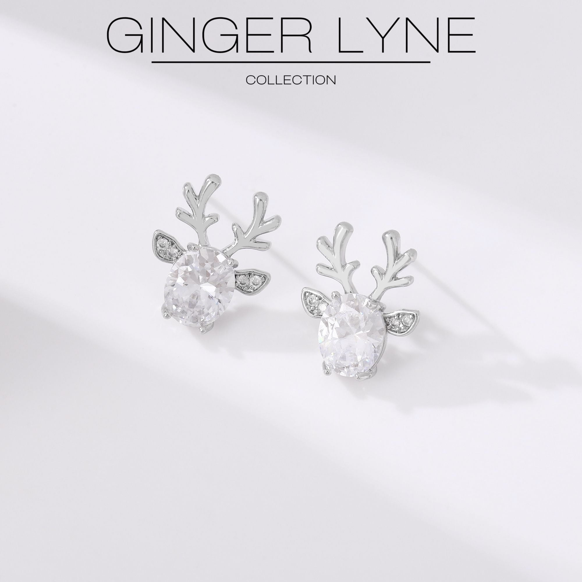 Reindeer Stud Earrings for Women White Gold Plated CZ Christmas Jewelry Ginger Lyne Collection