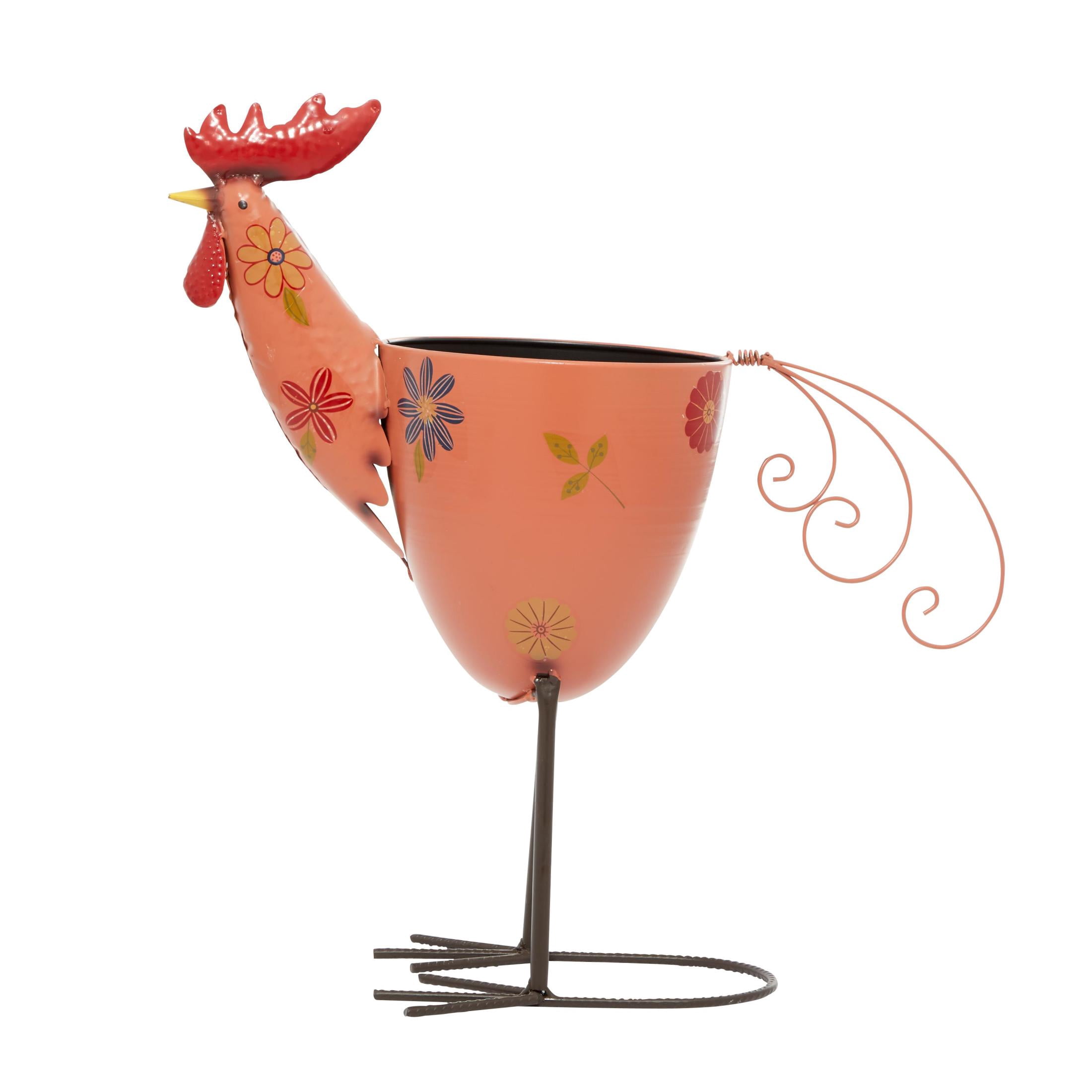 DecMode 19" x 20" Pink Metal Rooster Planter with Floral Pattern Planter