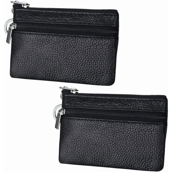 2 Pack Leather Coin Purses Change Pouch with Keychain Ring Vegan Leather Small Wallets Mini Zipper Pocket Black Card Holders