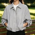 thumbnail image 3 of DISKEBUISS Women's Cropped Gingham Plaid Jacket Lapel Zip & Snap Long Sleeve Short Outerwear for Fall Winter, 3 of 8