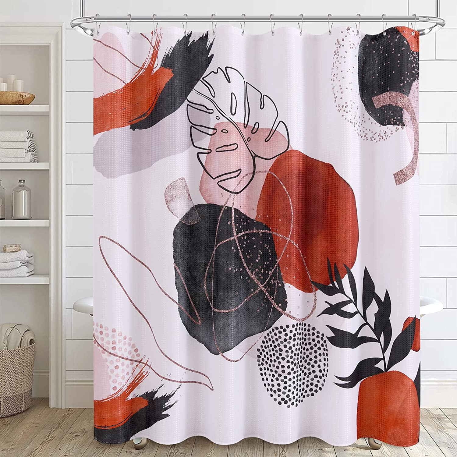 Abstract Shower Curtain Boho Mid Century Shower Curtain Modern Shower Curtain Set Retro Red Neutral Shower Curtains Waterproof Bathroom Set Decor with 12 Shower Curtain Hooks 72x72