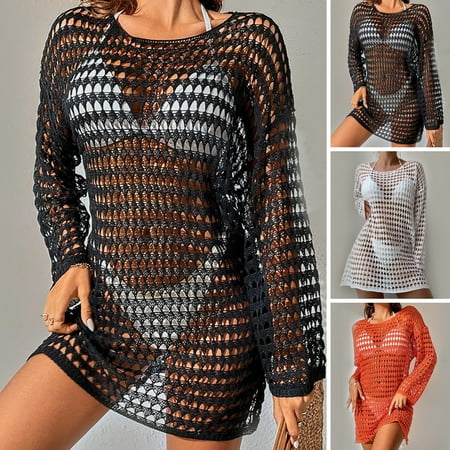 Joernso Summer Sexy Bikini Cover Up O-neck Long Sleeve Crochet Beach Dress Solid Color See-through Hollow Swimsuit Cover Up