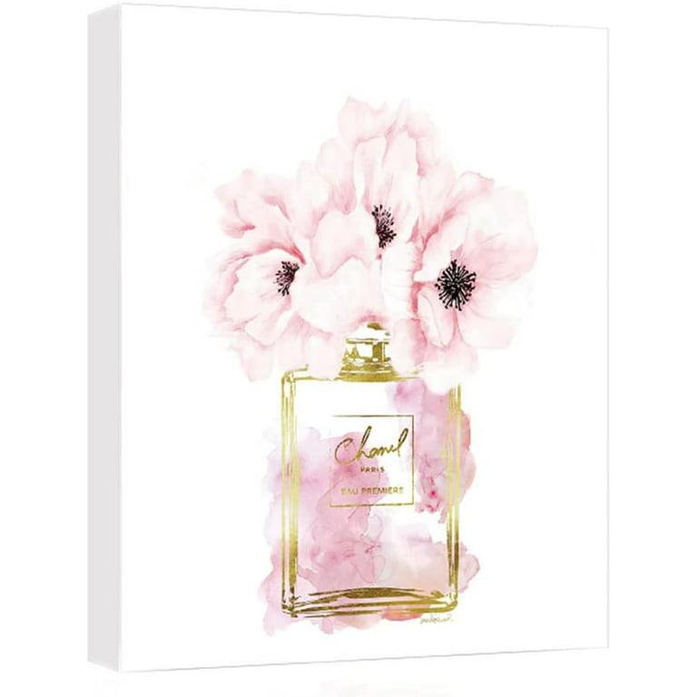Canvas Wall Art Glam Perfume Chanel Pictures Wall Decor Pink Flowers And  Gold Canvas Wall Art Girl Home Decor For Bedroom Wall Bathroom Set Room  Decor 