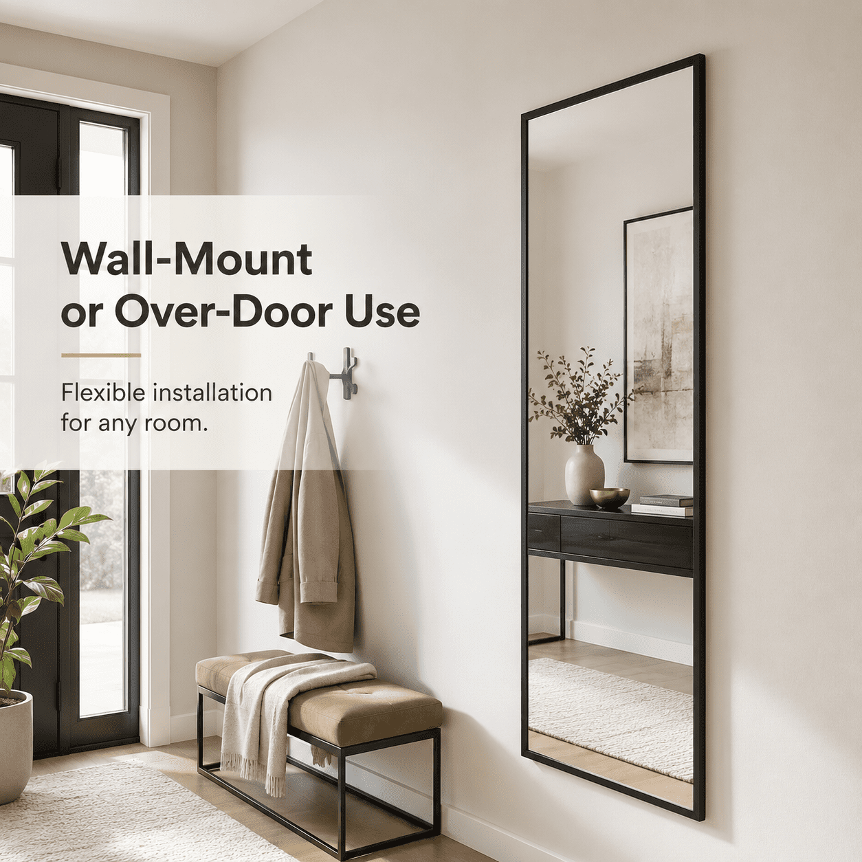 48 x 14 in Full Length Over Door Mirror, Black Frame