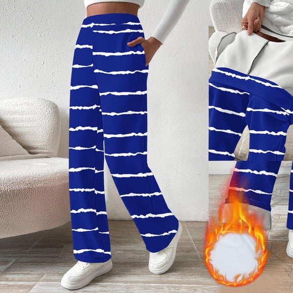 Dasayo Blue Womens Pants Flared Striped Fleece Lined High Waisted Butt Lifting Thermal Pants Women Joggers L