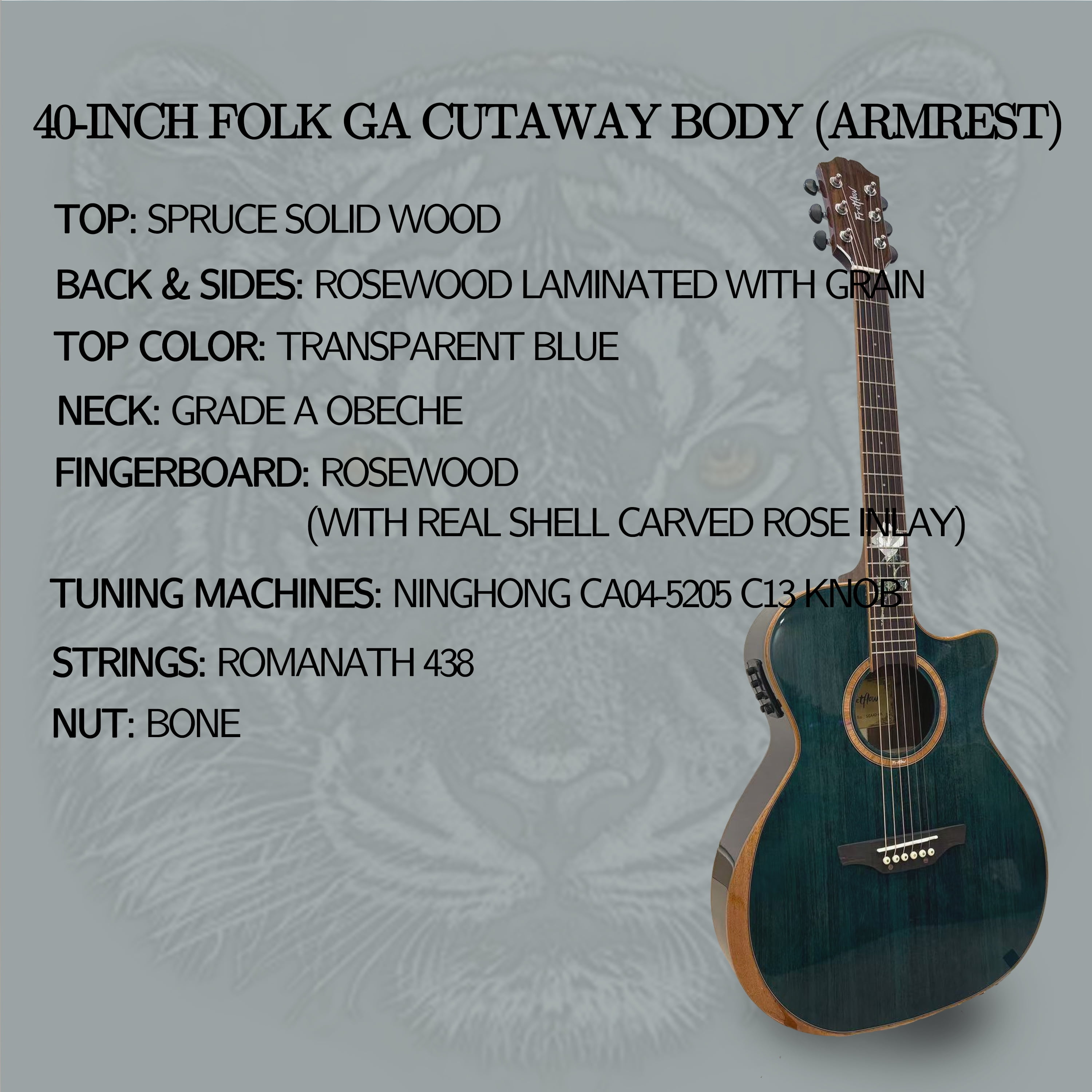 40 Inch GA Cutaway Acoustic Guitar with Pickup - Solid Spruce Top, Rosewood Laminated Back/Sides, Transparent Blue Finish & Genuine Shell Rose Inlay