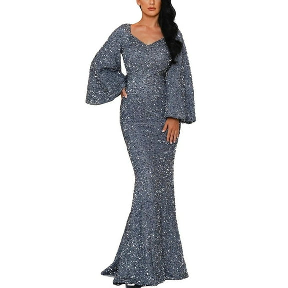 Dresses for Women Boho Skirts for Women Stunning Women's Evening Dress Elegant Formal Dress V Neck Design Flared Sleeves Bodycon Sequin Detail for and Wedding Guests