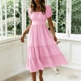 thumbnail image 5 of Lcziwo Women Boho Midi Summer Dress Short Sleeve Square Neck Tiered Midi Dress Flowy High Waisted Vacation Sundresses Pink,L, 5 of 7