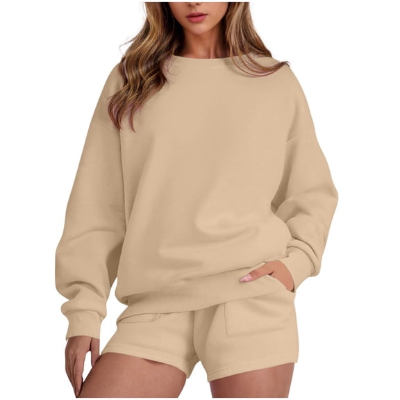 KANG Fashion Women's Casual Long Sleeve Round Neck Tracksuit Set | Solid Color Two Piece Loungewear Outfit | Comfortable Shorts & Top For Daily Wear