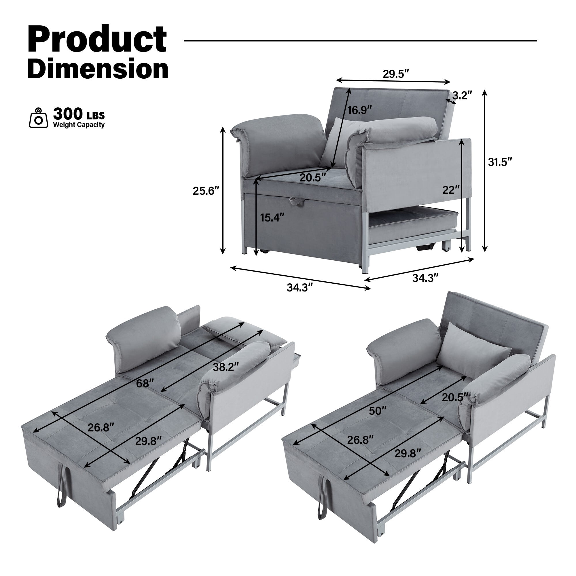 AENKYO 3-in-1 Convertible Sleeper Chair Bed with Adjustable Backrest, Velvet Chaise Lounge Sofa for Small Spaces, Gray
