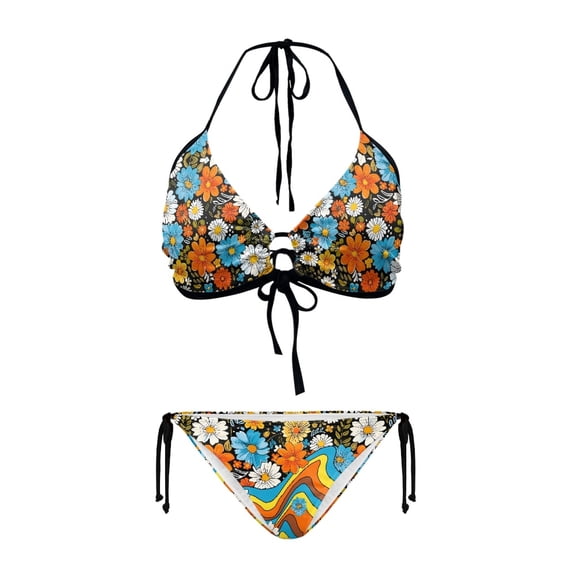 Uourmeti Women's Halter Neck Two Piece Bikini Set - Vintage Floral & Retro Wave Print - Sexy Tie Side Swimsuit for Beach Vacation & Pool Party