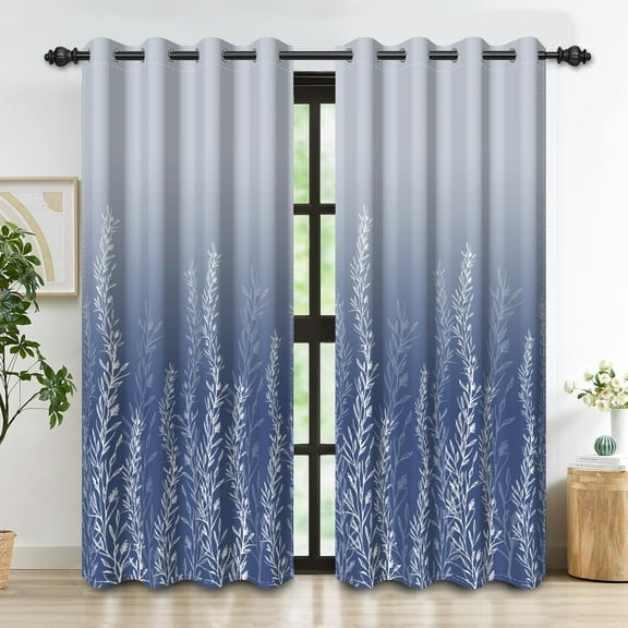 Blue Floral Blackout Curtains for Bedroom 2 Panels Set Leaf Botanical Room Darkening Curtains for Living Room Gradient Thermal Insulated Curtains Grommet Window Drapes-52"W x 84"L (Pack of 2)