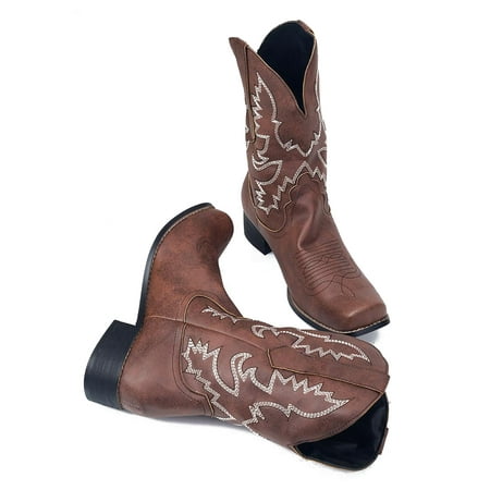 

Difumos Womens Mens Square Toe Western Boots Chunky Heel Pull On Mid Calf Cowboy Boots