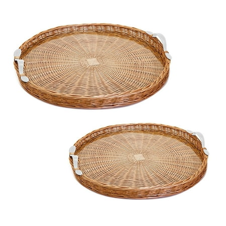 

Two s Company Set of 2 Round Wicker Trays with White Handles