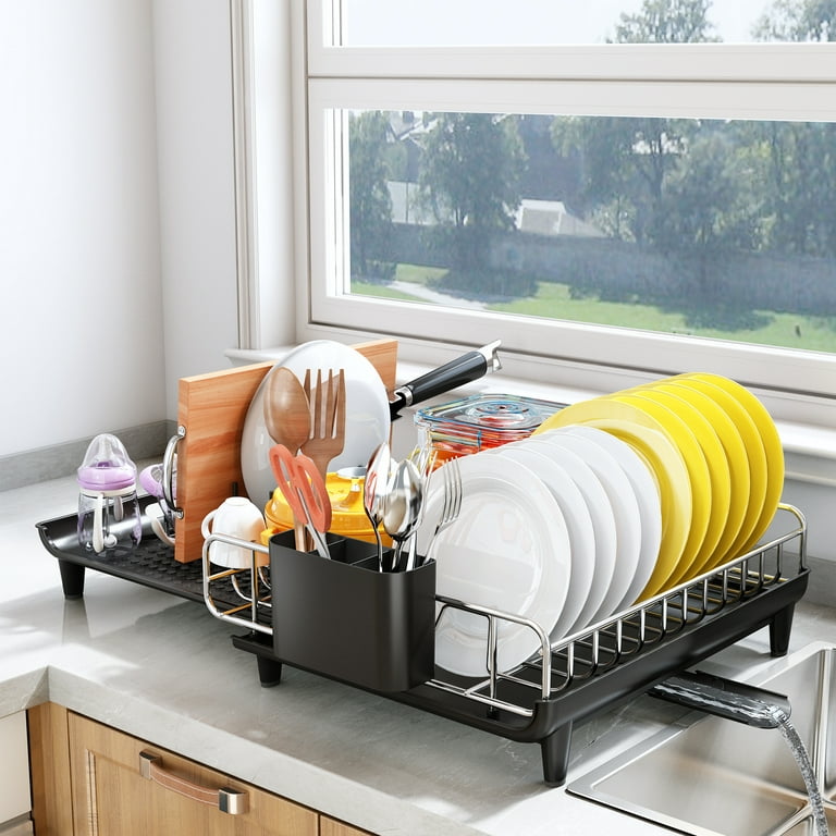 Dish Drying Rack - Expandable Dish Rack for Kitchen Counter, Large Dish  Drainer with Pan Holder, Stainless Steel Dish Strainer with Cup Holder and