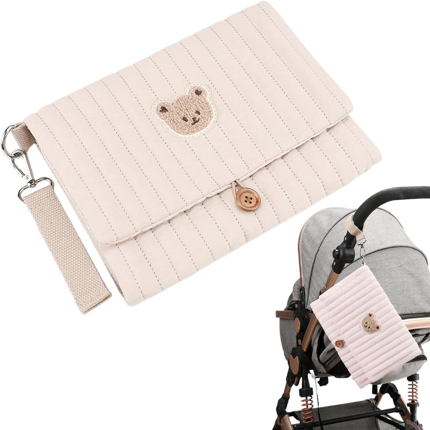 Diaper and Wipes Pouch | Cute Bear Embroidery Foldable Pouch | with Stroller Strap Compartment Diaper Bag Organizers | for