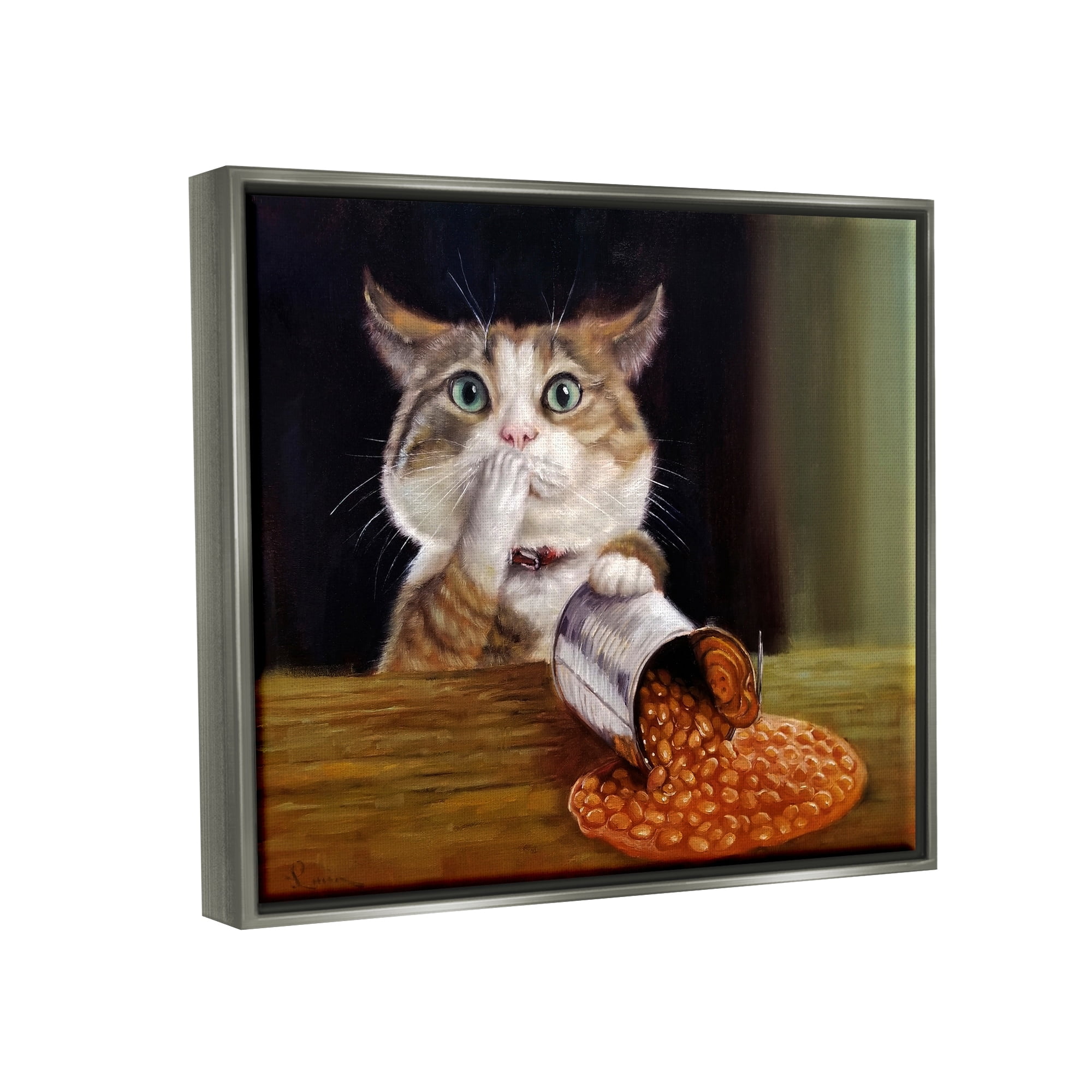 Stupell Industries Spilled The Beans Humorous Cat Kitchen Animal Painting Painting Luster Gray Floating Framed Canvas Print Wall Art, Design by Lucia Heffernan