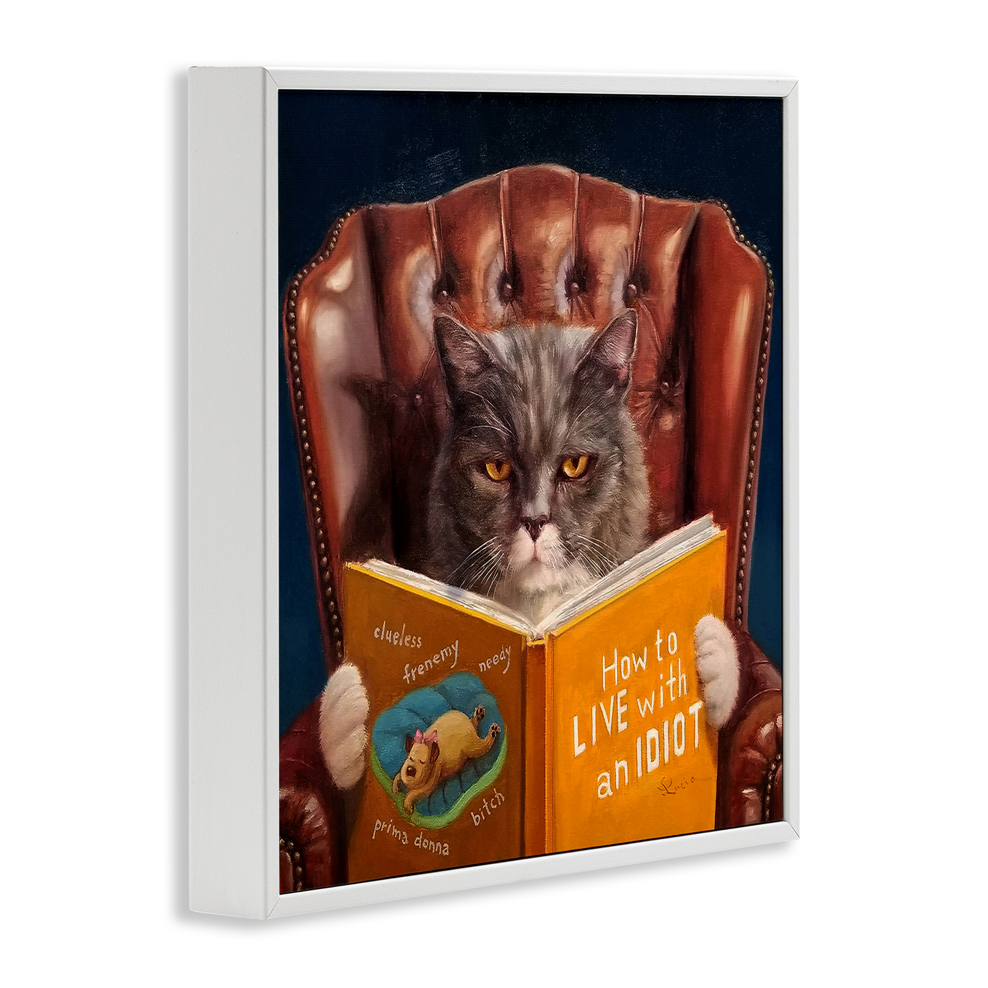 Stupell Industries Funny Cat Reading Dog Book Animals & Insects Painting White Framed Art Print Wall Art, 17 x 17