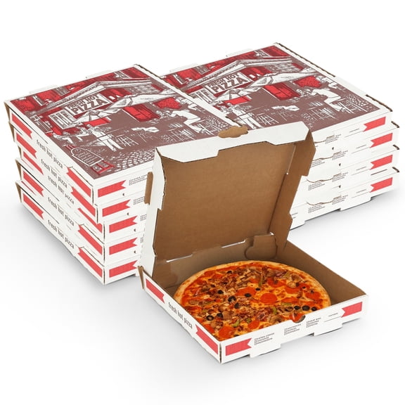 MT Products White and Red B-Flute Pizza Boxes 16" x 16" x 2" - Pack of 10