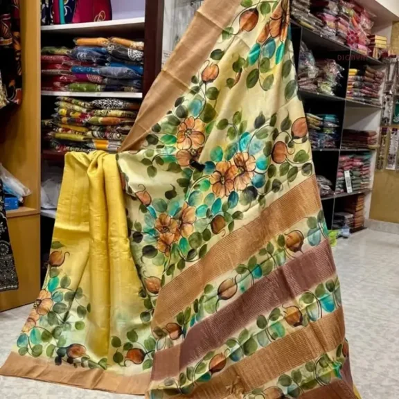 Light Yellow Hand Painted Pure Gachi Tussar Silk Saree