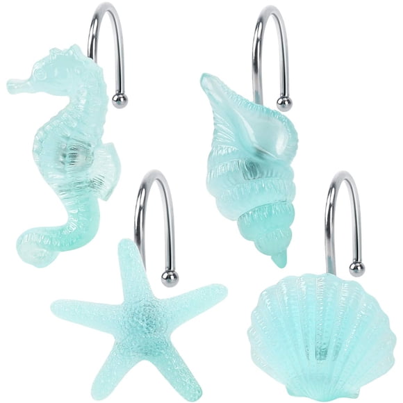 Jinsinto Beach Bath Curtain Hook, Glow in the Dark, Unique Blue Starfish, Sea Conch, Sea Conch and Seahorse, Stainless Steel Hook, Beautiful Beach Bathroom Decor from Beachcomber Series