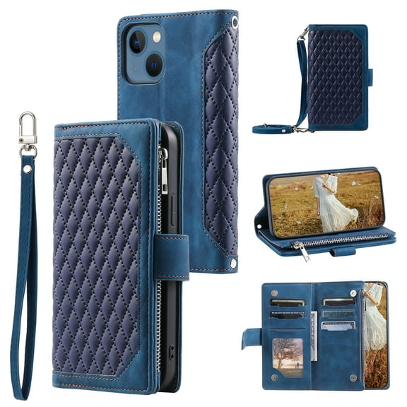 Feishell Crossbody Wallet Phone Case for iPhone 13 mini,Luxury PU Leather Magnetic Buckle Zipper Pocket Card Slots Flip Stand Protective Cover with Hand Strap & Shoulder Strap,Blue