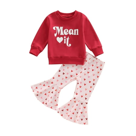 

Kids Baby Girl Clothes Baby Girl Fashion Cute Letter Print Round Neck Long Sleeve Sweet Heart Sweatshirt Ruffles Floral Flared Pants Suit Spring Autumn 2pcs Outfit Set