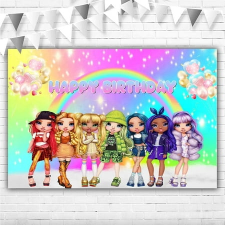 Image of Rainbow High Dolls Backdrop Birthday Party Supplies 5x3ft - Vibrant Happy Birthday Rainbow High School Background - Perfect for Kids Birthday Party Decor Photo Studio - Non-Waterproof Vinyl Material