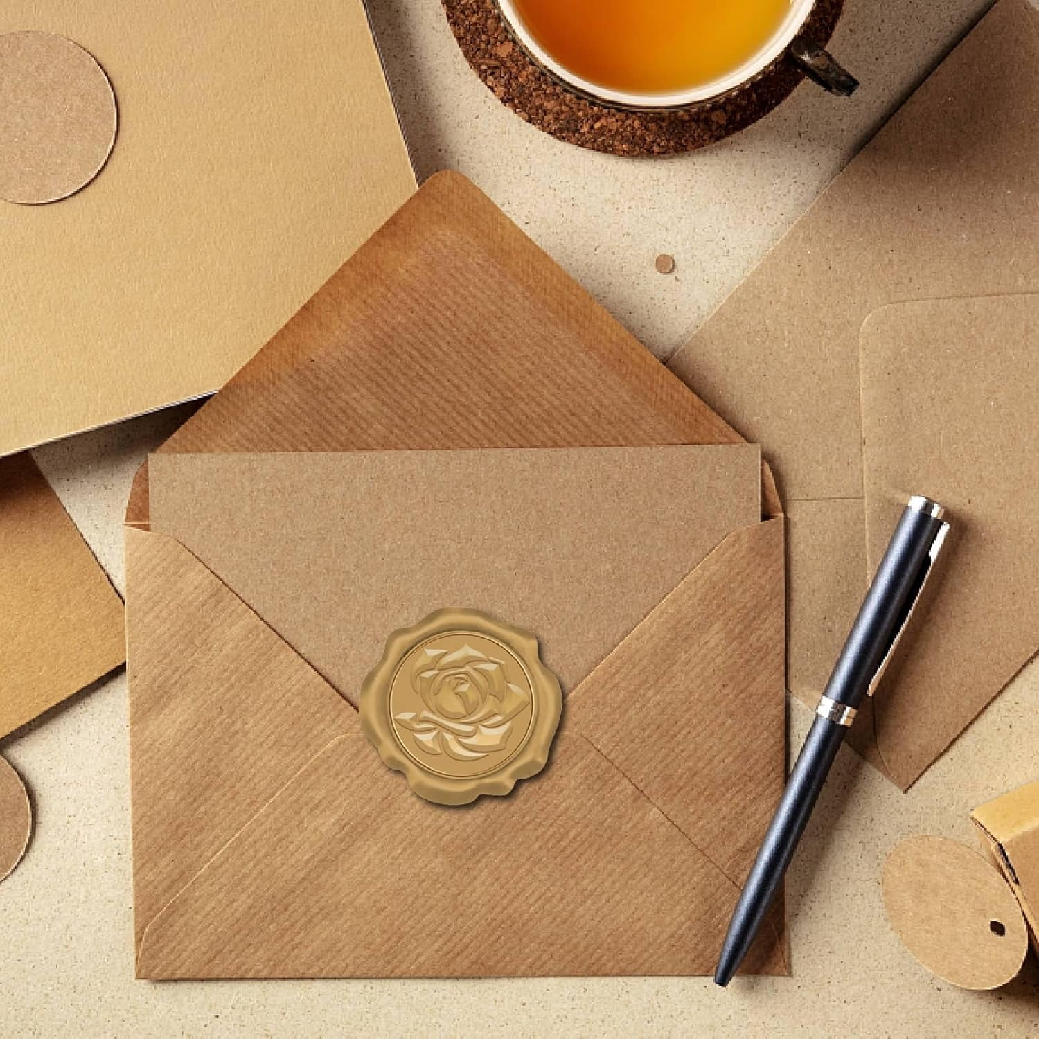 100Pcs Rose Wax Seal Stickers Flower Vintage Golden Self Adhesive Seal Stickers Sealing Label Decal Set for Invitations Decoration Envelope Wedding Birthday Cards Gift Wrapping Gold 1box