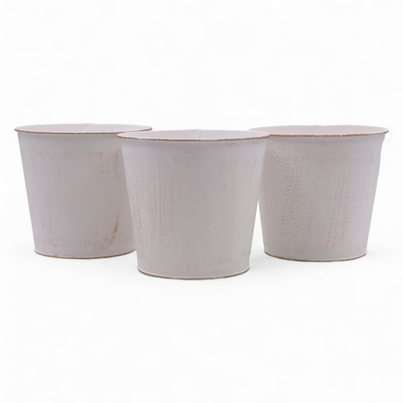 Hosley Set of 3, 5In D White Wash Finish Bucket/Pots with PVC Liner, Ideal Gift for Wedding Home Office Party DYI Indoor Outdoor Garden Patio