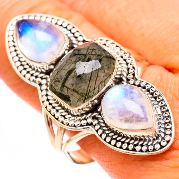 Huge Tourmalinated Quartz, Rainbow Moonstone Ring Size 11.75 (925 Sterling Silver) - Handmade Boho Vintage Jewelry RING116754