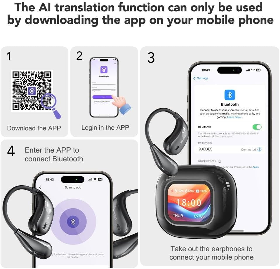 MINISO M95 AI Translation Earbuds Real Time with LED Display Screen Bluetooth 5.4 Support 150 Languages