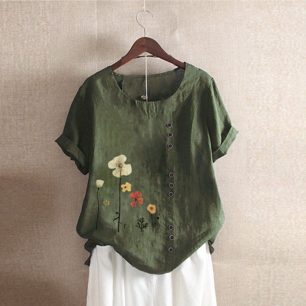 Fiudx Ofertas Flash Artículos En Oferta Camiseta de Verano con Cuello Redondo y Manga Corta para Mujer, Informal, con Botones Impresos