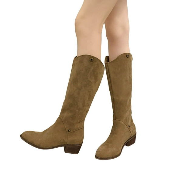 Leozcaa Women's Knee High Boots Suede Flat Pointed Toe Stretchy Slouchy Boots Side Zipper Dress Tall Boot
