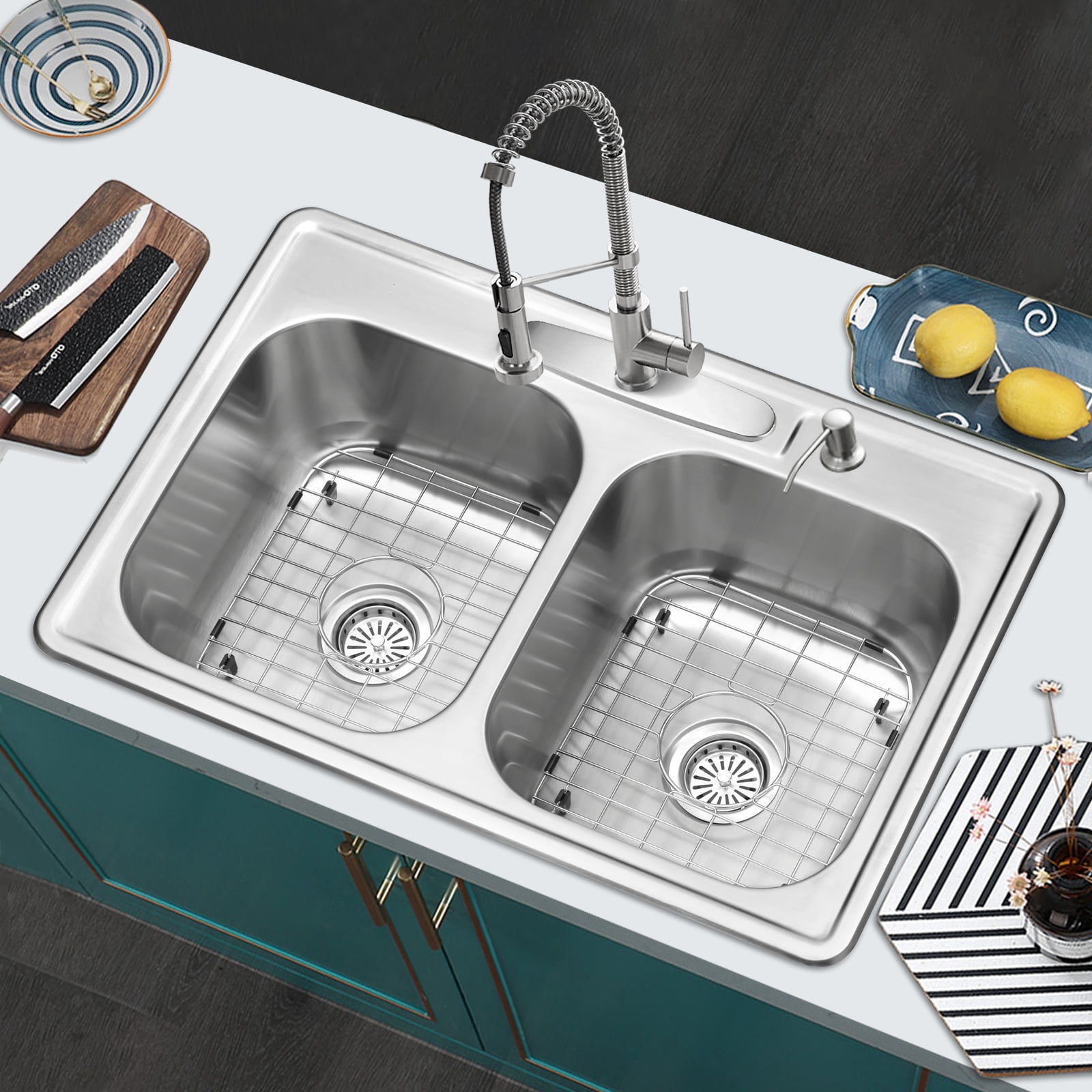 33 Inch Top Mount Double Equal Bowl Stainless Steel Kitchen Sink Kit - View #8