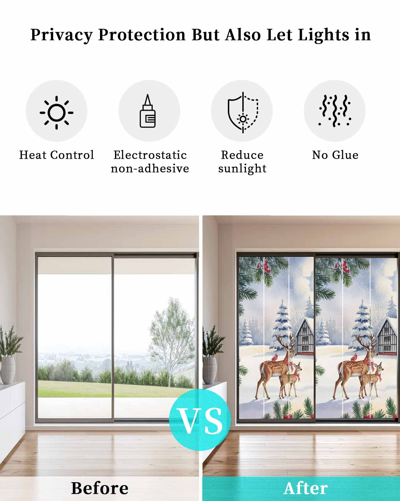 Christmas Snowfields Winter Elk Cardinal Xmas Tree Branch Window Privacy Film Stained Glass Window Film Decorative Windows Cover Static Windows Cling for Glass Door Stickers for Bathroom 23.6"x59"