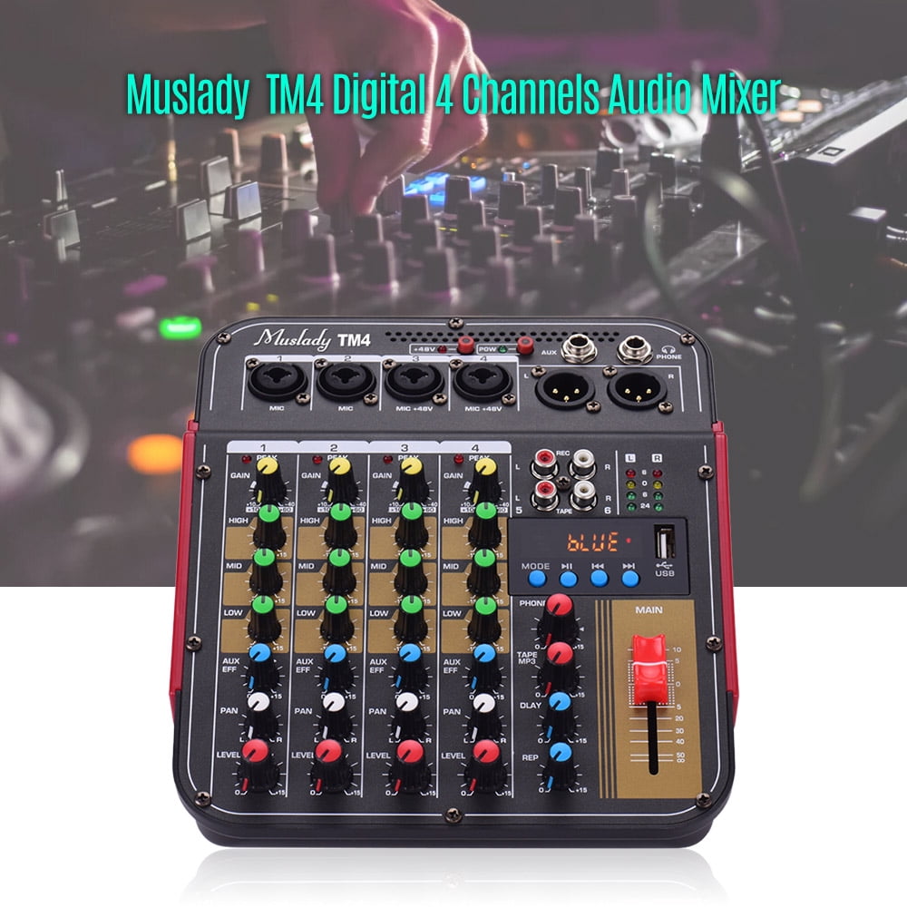 Muslady TM4 Digital 4-Channel Audio Mixer Mixing Console Built-in 48V Phantom Power with BT Function Professional Audio System for Studio Recording Broadcasting DJ Network Live