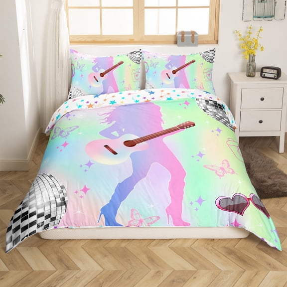 Manfei Music Guitar Girl 2pcs Duvet Cover Twin,Old Fashion Disco Ball Bedding Sets Twin Size,Dreamy Princess Comforter Cover Breathable,Lightweight Room Decor(No Comforter)