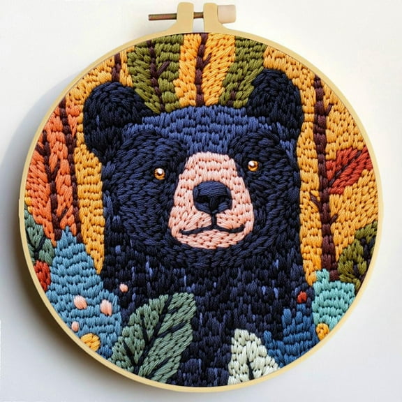 Punch Needle Kits Black Bear and Tree DIY Embroidery Starter Set with Hoop Easy for Beginners Stress Relief Handmade Craft Hobby and Home Decor 20x20cm-13