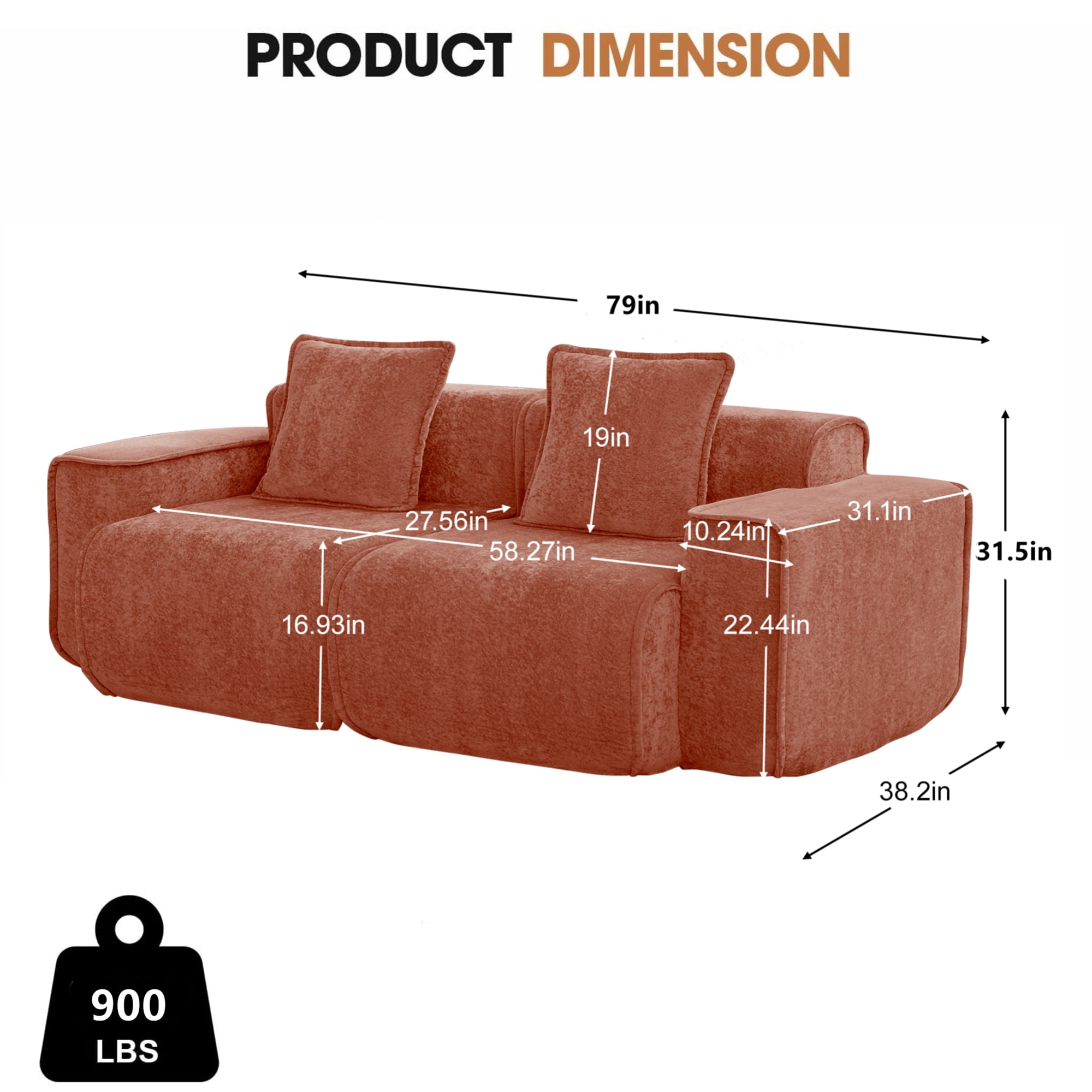 Aukfa 79" Boneless Couch Deep Seat Loveseat Cloud Sofa for Living Room Bedroom, 2 Pillows, Velvet, Terracotta